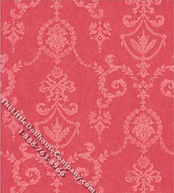 Red Neoclassic Damask Pattern Miniature Wallpaper for Dollhouses